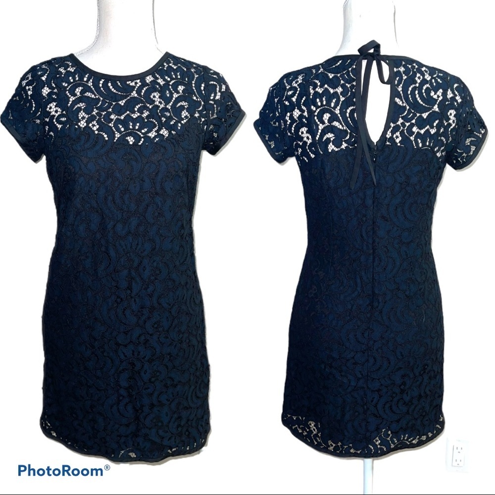 LOFT Black Navy Lace Overlay Short Sleeve Dress
